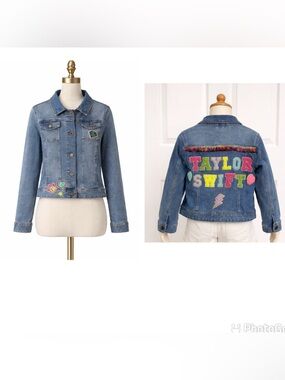 Crewcuts Taylor Swift Multicolor Patch Blue Denim girl’s Jacket for Kids size 10